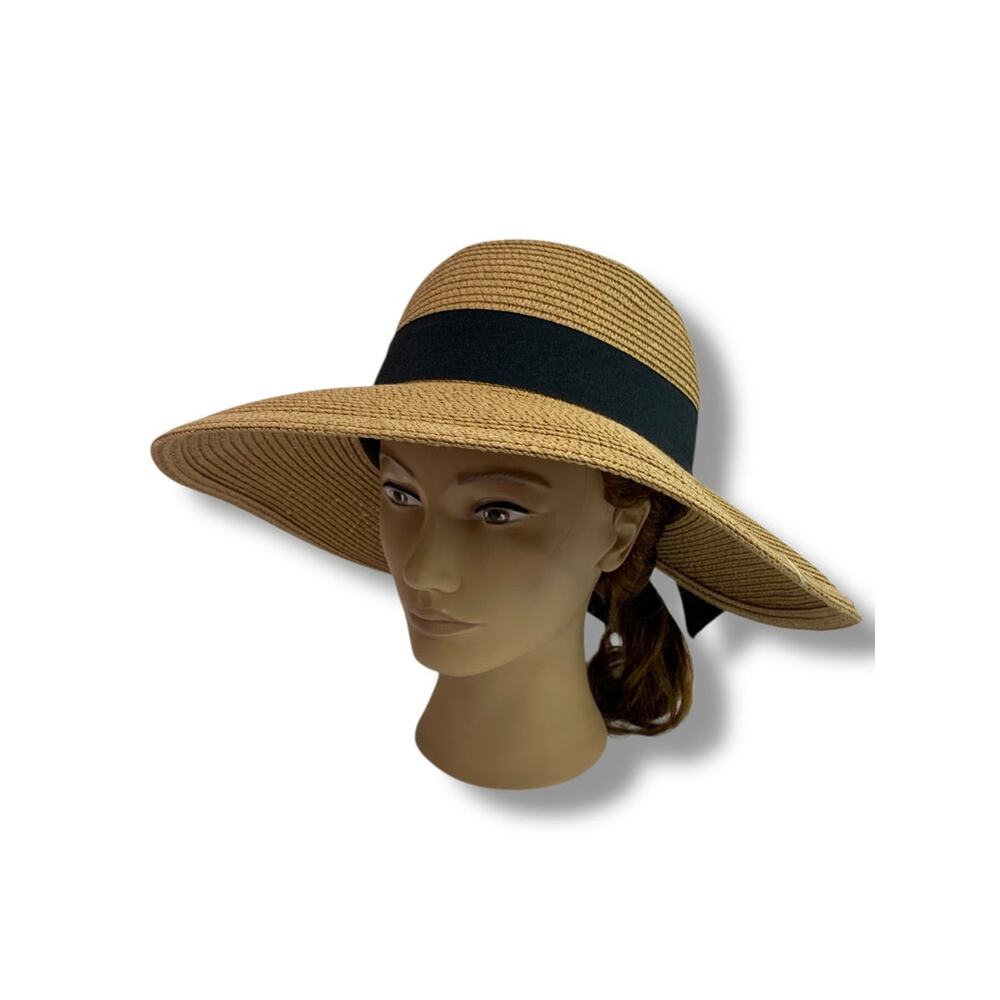 One Size Womens Straw Sunhat Adjustable Band Black Ribbon
